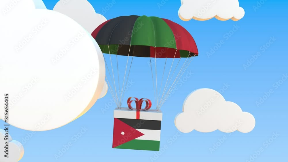 Poster carton with flag of jordan falls with a parachute. loopable conceptual 3d animation