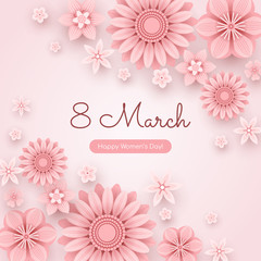 Square 8 March greeting card. Banner template with congratulation - Happy Women's Day. Pink flat flowers isolated on light background. Paper art style.