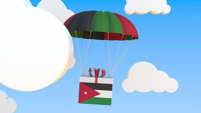 Carton with flag of Jordan falls with a parachute. Loopable conceptual 3D animation
