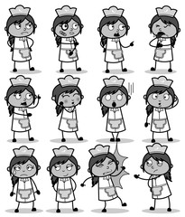 Poses of Retro Cartoon Waitress - Set of Concepts Vector illustrations