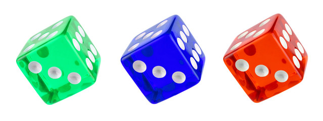 Three colors of the dice: green, blue and red. Dice closeup isolated on white.