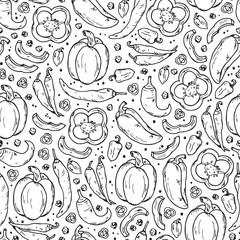 Vegetables and Spices Vector Seamless pattern. Hand drawn doodle: bell pepper, chili pepper, hot pepper, peppercorns.