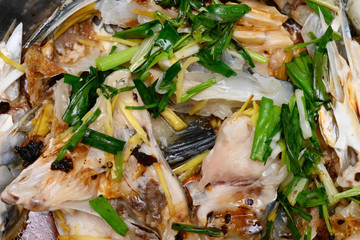fresh steamed fish covered with herbs onions and sauce