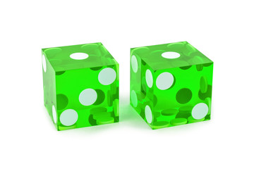 Two glass dice green transparent, isolated on white with a light shadow. So close, the result is one and one.
