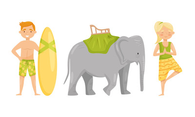 Man with Surfboard and Woman Standing in Yoga Pose Vector Set