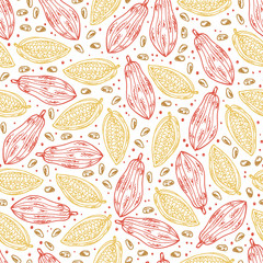 Hand drawn doodle Cocoa fruits and cocoa beans Seamless pattern