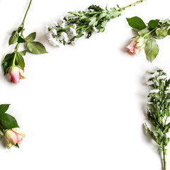 Flat lay. Frame from wild flowers on a white background with space for text. Pink rose tone.  Bouquet of wild flowers. Green floral background. Top view. Copy space. Mock-up