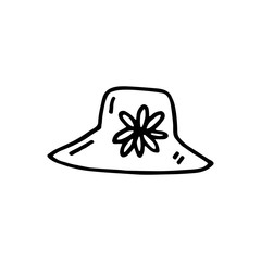 Hat with flower for gardening vector doodle line art illustration, sticker, icon. Isolated on white background. Easy to change color. Design element. Gardening tools for small home garden. Hand drawn.