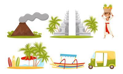 Bali Symbols Vector Set. Famous and Favorite Tourist Destination - obrazy, fototapety, plakaty