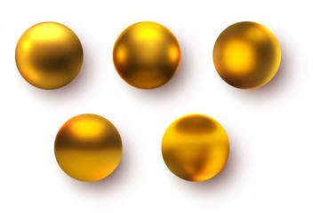 Set of golden spheres or balls isolated on white background. Realistic geometric elements for design projects. Bright minimalistic concept. Colorful vector illustration.