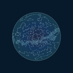 Celestial map of the night sky. Vector starry Southern hemisphere . Stars on the deep blue background. Planisphere and constellations.