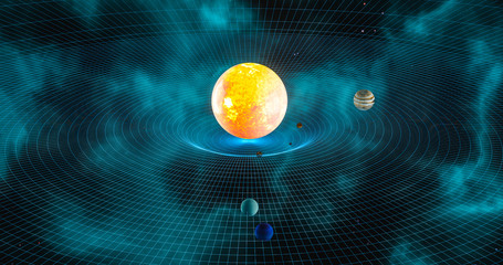 Solar system model with planet revolving around the sun in its gravitational pool 3d rendering 