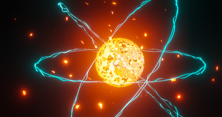 Atom concept with electrons and subatomic particles and nuclear energy 3d rendering  - obrazy, fototapety, plakaty
