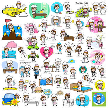 Collection of Cartoon Waitress - Set of Concepts Vector illustrations