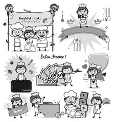 Comic Black and White Female Waitress - Set of Concepts Vector illustrations