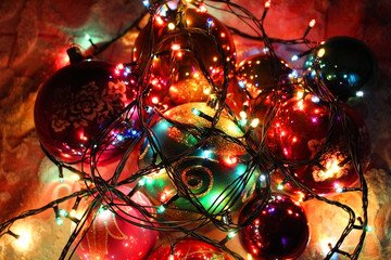 Christmas balls and lights background