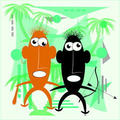 hunters in the jungle. cartoon vector illustration. t-shirt art. t-shirt design.