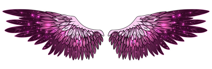 Obraz premium Beautiful magic spreaded glittery purple pink wings, vector