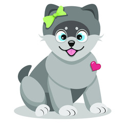 Cute happy grey cartoon puppy with green bow; vector illustration.