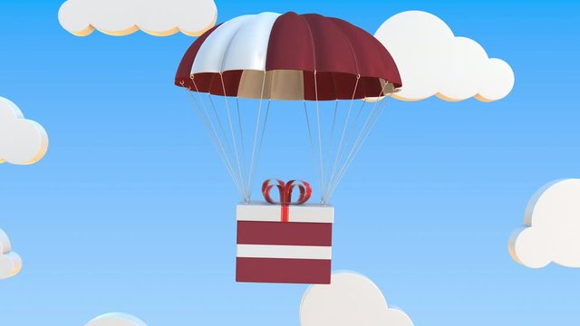 Carton with flag of Latvia falls with a parachute. Loopable conceptual 3D animation