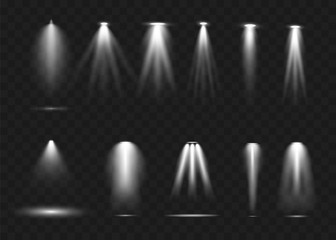 Vector spotlight. Bright light beam. Transparent realistic effect. Stage lighting.