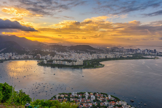 View of Flamengo beach, Centro and Guanabara bay in Rio de Janeiro, Brazil. Skyline of Rio de Janeiro. Sunset cityscape of Rio de Janeiro