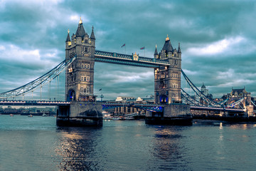 Tower Bridge in London, the UK - one of English symbols. Evening blue hour photography.