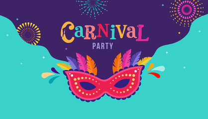 Plakat Carnival, party, Rio Carnaval, Purim background with confetti, music instruments, masks, clown hat and fireworks. Vector illustration