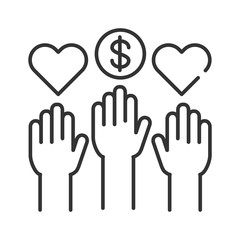 Social volunteering black line icon. Volunteer hands. Non profit community. Charity, humanitarian aid concept. Sign for web page, mobile app, banner, social media. Editatable stroke.