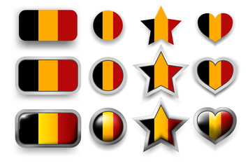 Set of Belgium vector labels - square button, circle button, star and heart buttons in flag colors black, yellow, red for flyer, poster or any holiday design