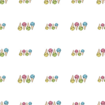 Seamless background with yellow, pink, green and blue ice cream cones. Endless pattern with colorful ice cream for your design.