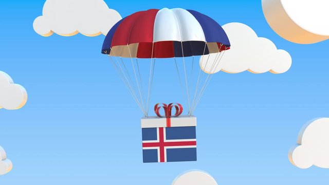 Carton with flag of Iceland falls with a parachute. Loopable conceptual 3D animation