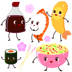 Set of cute characters of Asian cuisine: kawaii sushi, shrimp, noodles, maki, soy sauce and chopsticks. Characters for a children's Japanese menu.