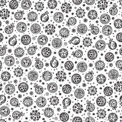 Hand drawn doodle floral circles - Abstract Seamless Pattern. Black and white polka dots background.