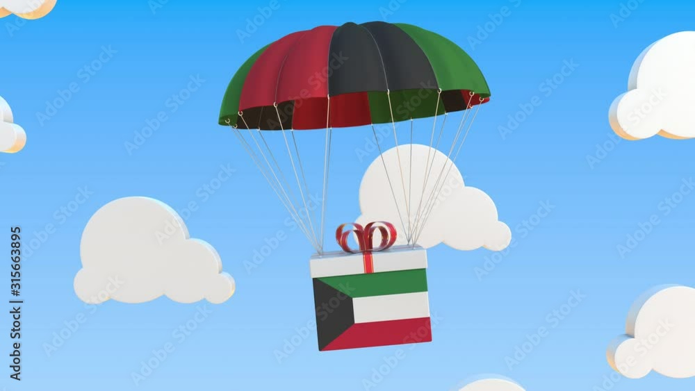 Poster carton with flag of kuwait falls with a parachute. loopable conceptual 3d animation