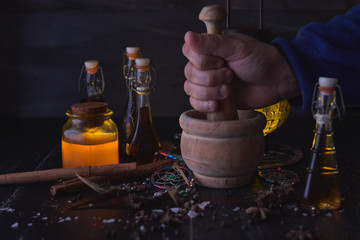 Magic luminous alchemy potions on dark background