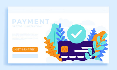 accepted payment Credit card vector stock illustration for landing page or presentation. The concept of a successful bank payment transaction. The front side of the card with a check mark in a circle