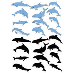 vector, isolated, set of dolphins