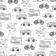 Modèle sans couture de transport. Voiture doodle dessiné main, avion, locomotive à vapeur, vélo - illustration vectorielle