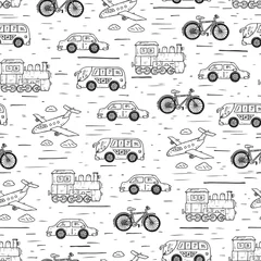 Tapeten Nahtloses Muster transportieren. Handgezeichnetes Doodle-Auto, Flugzeug, Dampflokomotive, Fahrrad - Vektorillustration © AllNikArt