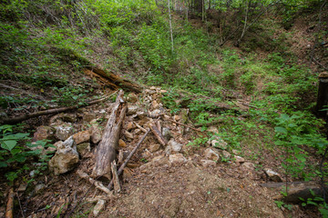 Old open pit mine amethyst crystalls in forest