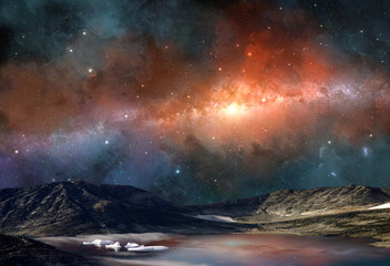 Space scene. Milky way in colorful nebula above mountain with lake and glacier. Elements furnished by NASA. 3D rendering © Space Creator