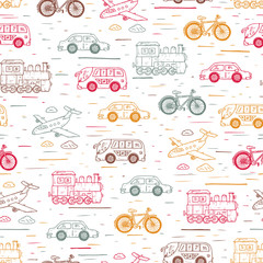 Transport seamless pattern. Hand Drawn doodle car, airplane, steam locomotive, bicycle - vector illustration © AllNikArt
