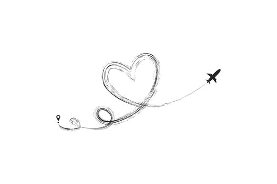 Plane and its track in the shape of a heart on white background. Vector illustration. Aircraft flight path and its route