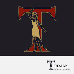 Capital letter T with Pretty Girl. Drawn Monogram for Logo Design, Invitations, Book, Restaurant, Services, Salons, Advertising, Brand Name, Business Card, Boutique. Retro Style. Vector illustration