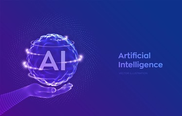 AI. Artificial Intelligence Logo in hand. Artificial Intelligence and Machine Learning Concept. Sphere grid wave with binary code. Big data innovation technology. Neural networks. Vector illustration.