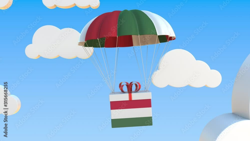 Poster carton with flag of hungary falls with a parachute. loopable conceptual 3d animation