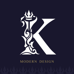 Elegant Capital letter K Graceful Royal Style. Creative Calligraphic Beautiful Logo. Vintage Drawn Emblem for Book Design, Brand Name, Business Card, Restaurant, Boutique, Hotel. Vector illustration