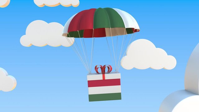Carton with flag of Hungary falls with a parachute. Loopable conceptual 3D animation