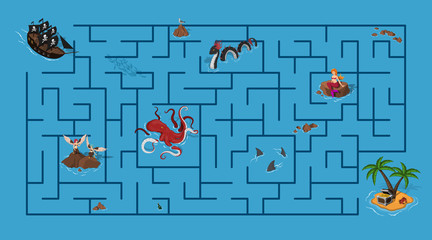Kids maze. Pirate game with labyrinth. Help ship find way to island. Cartoon puzzle in isometric view. Sea map with fantasy monsters